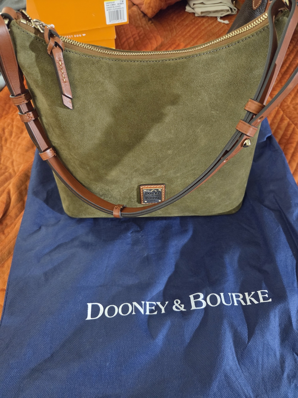Dooney & Bourke Olive Suede Hobo Bag with Brown Leather Trim